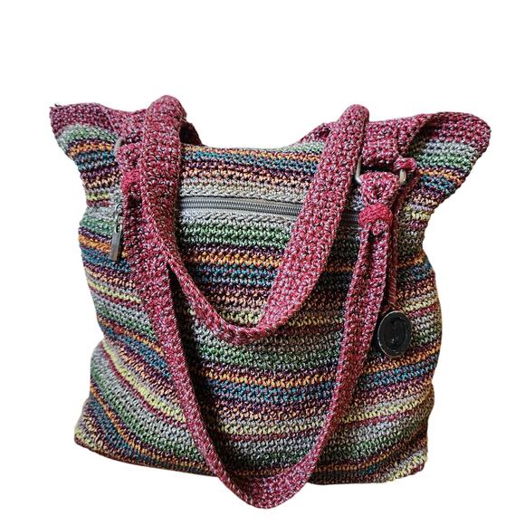 The Sak Belle Crochet Large 2 Handle Tote Rainbow Stripe Purse Handbag Boho Bag - Picture 1 of 11